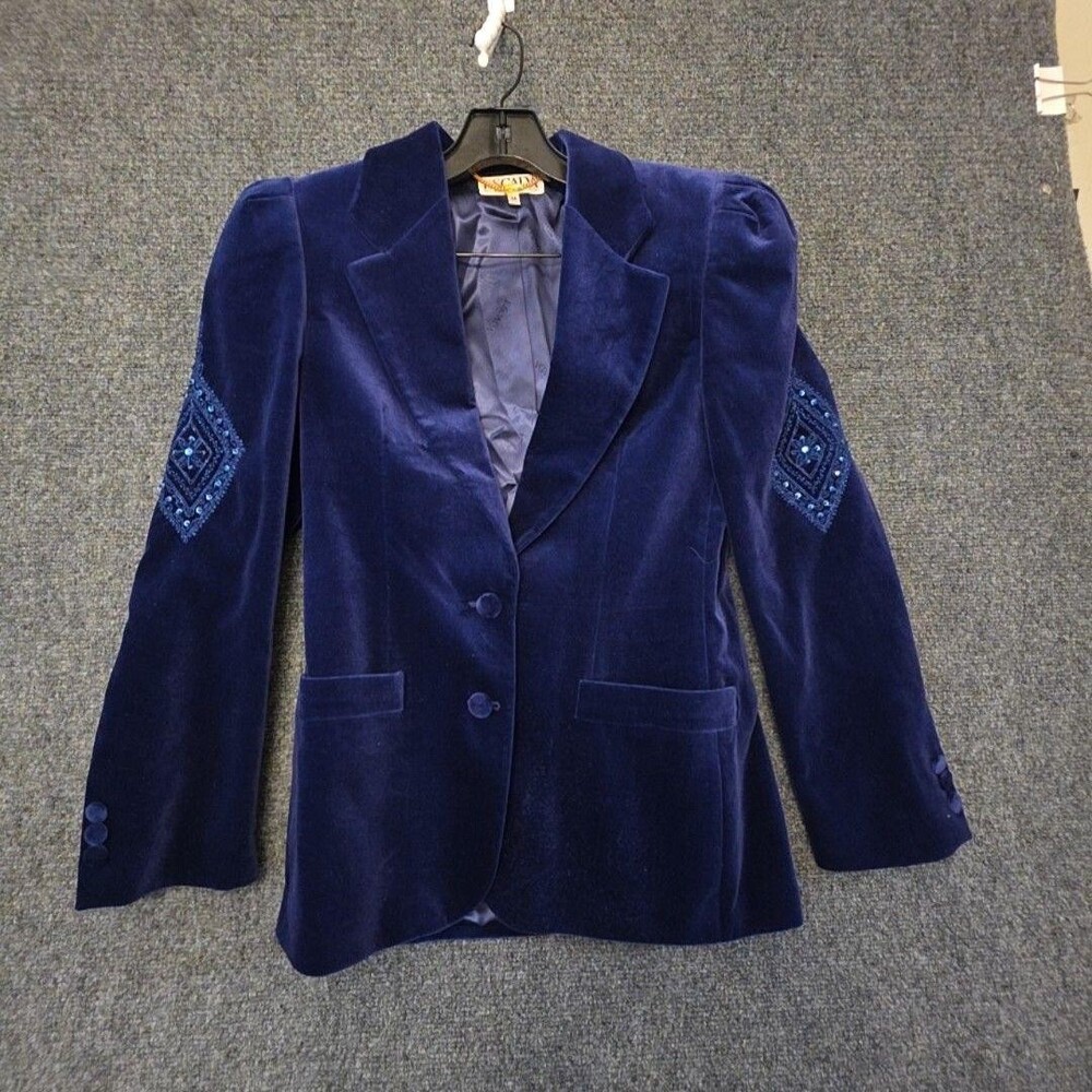Vintage Escada Blazer Jacket Womens 34 XS Blue Velvet Beaded Sequin West Germany
